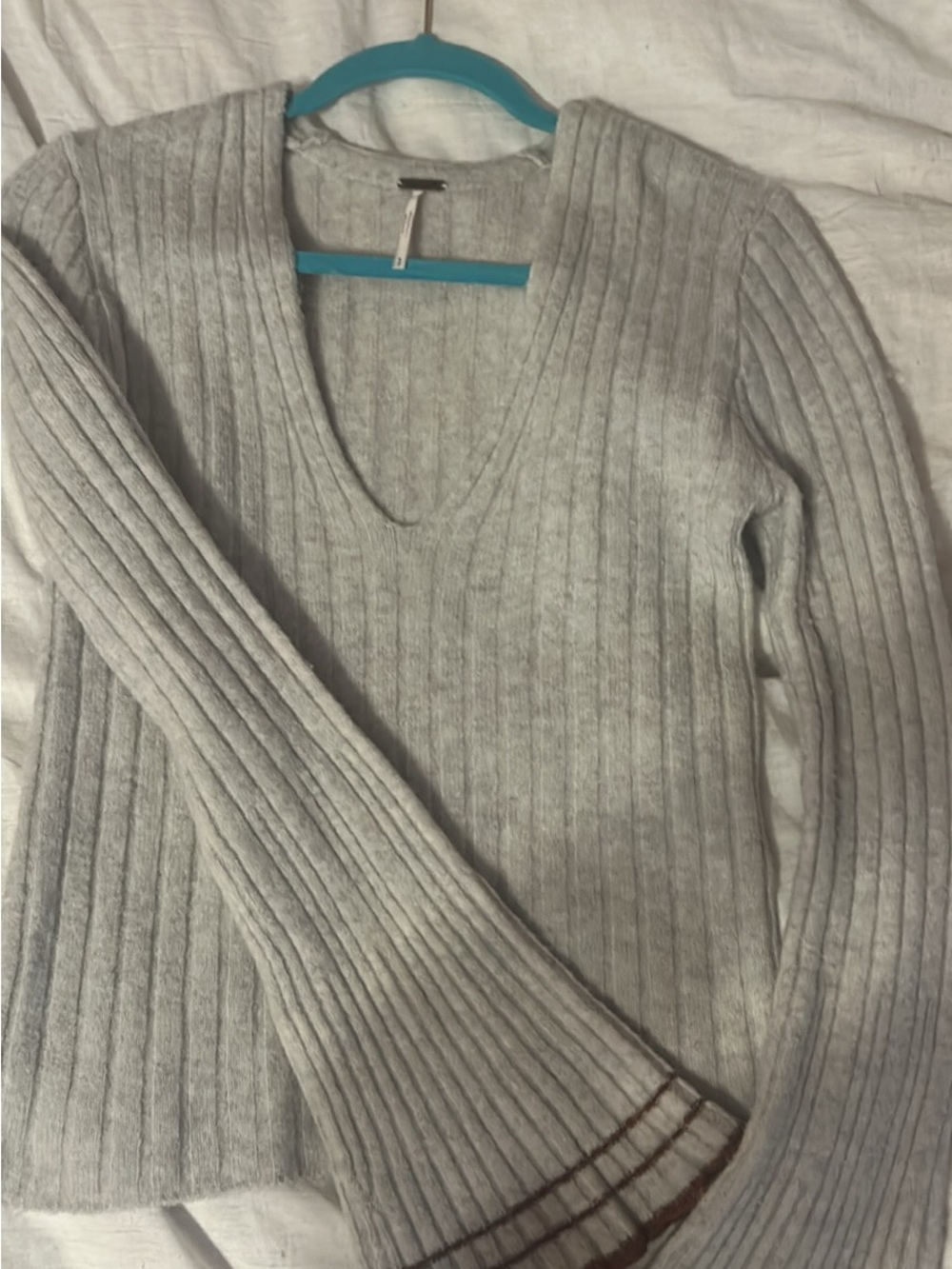 Free People Light Gray Ribbed V-Neck Sweater with Contrast Hem